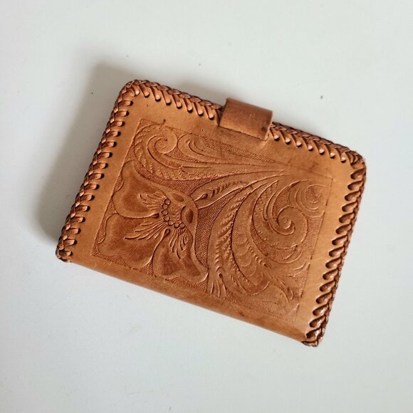Tooled leather caramel brown color wallet with floral design. - Picture 1 of 6